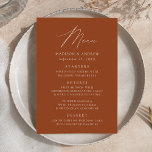 Modern Elegant Terracotta Wedding Menu<br><div class="desc">Simple and elegant wedding menu featuring "Menu" displayed in a modern white script with a terracotta background or colour of your choice. Personalize the terracotta wedding menu by adding your names,  wedding date,  and menu information. Designed to coordinate with our Modern Elegance wedding collection.</div>