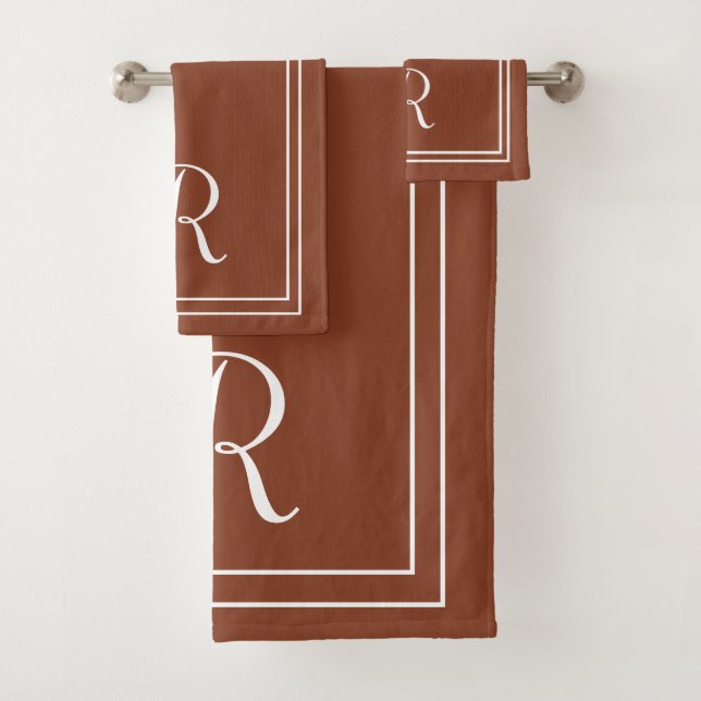 Modern Elegant Terracotta & White Monogram Bath Towel Set (Insitu)