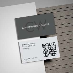 Modern Elegant Texture Grey Monogram QR Code Business Card