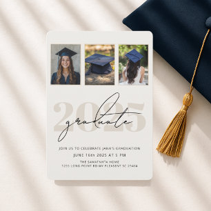 Modern Elegant Three Photo Graduation Invitation