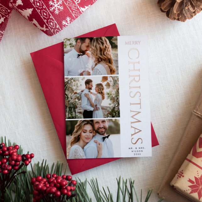 Modern Elegant | Three Photo White Christmas Foil Holiday Card (Creator Uploaded)