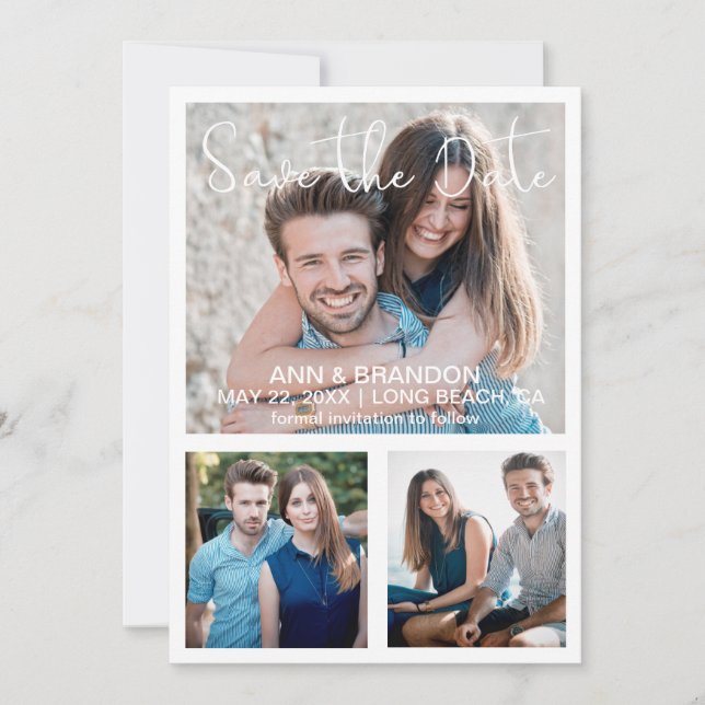 Modern Elegant Three Photos Handwritten Wedding Save The Date (Front)