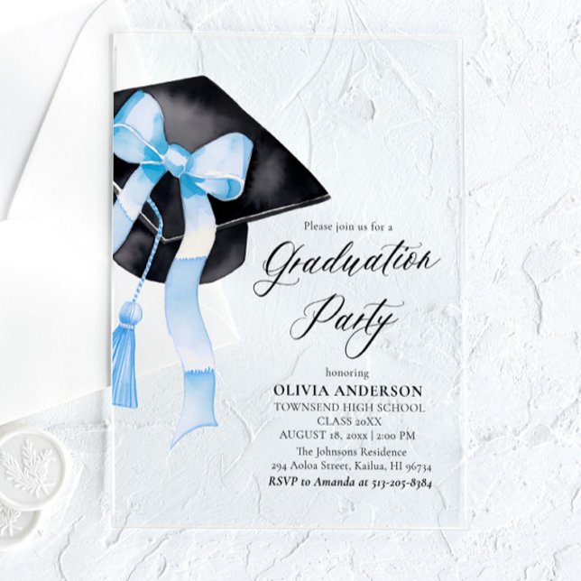 Modern Elegant Trendy Stylish Blue Bow Graduation Acrylic Invitations (Creator Uploaded)