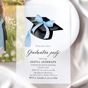 Modern Elegant Trendy Stylish Blue Bow Graduation Vellum Invitations