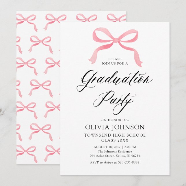 Modern Elegant Trendy Stylish Pink Bow Graduation Invitation (Front/Back)