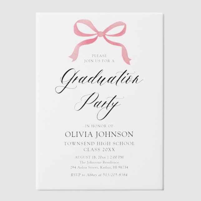 Modern Elegant Trendy Stylish Pink Bow Graduation Vellum Invitations (Front)