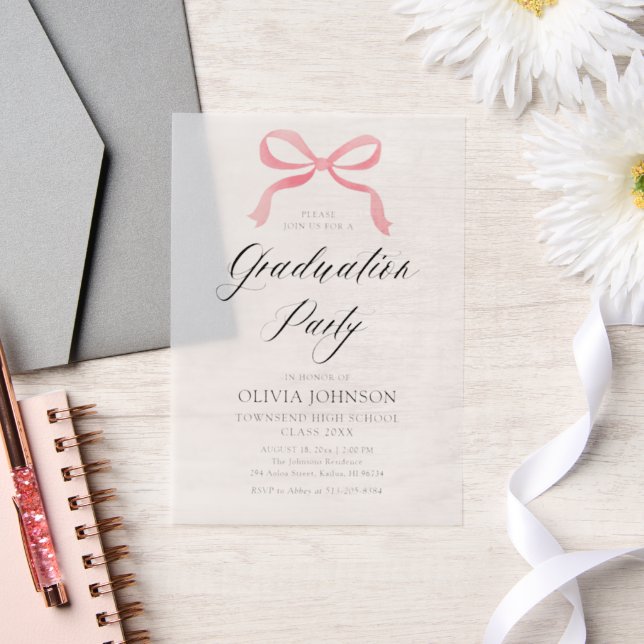 Modern Elegant Trendy Stylish Pink Bow Graduation Vellum Invitations (Wedding)