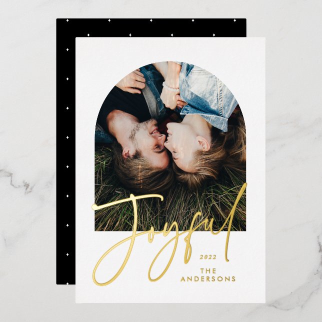 Modern elegant trendy typography black 1 photo foil holiday card (Front/Back)