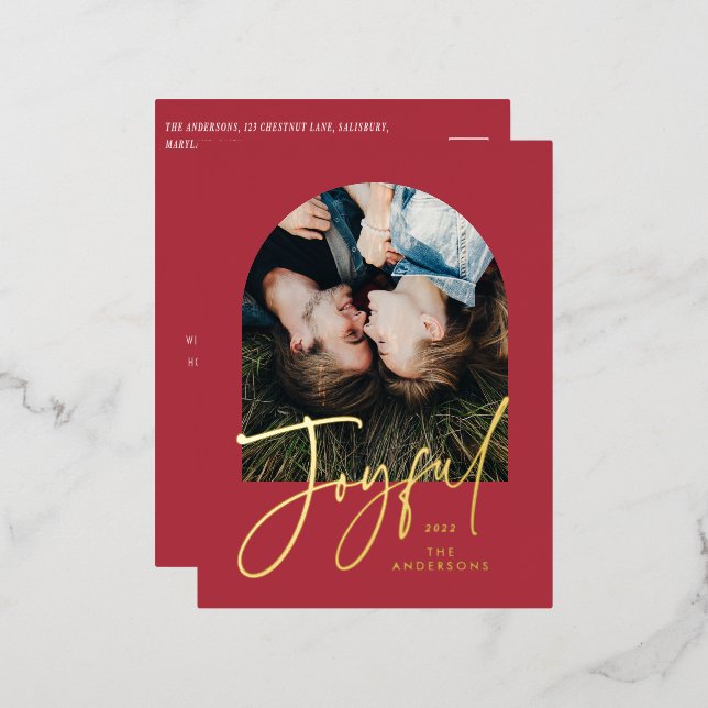 Modern elegant trendy typography red 1 photo foil holiday postcard (Front/Back)
