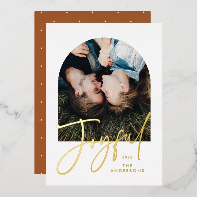Modern elegant trendy typography rust 1 photo foil foil holiday card (Front/Back)