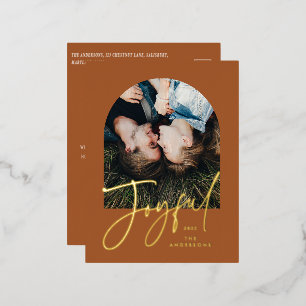 Modern elegant trendy typography rust 1 photo foil holiday postcard