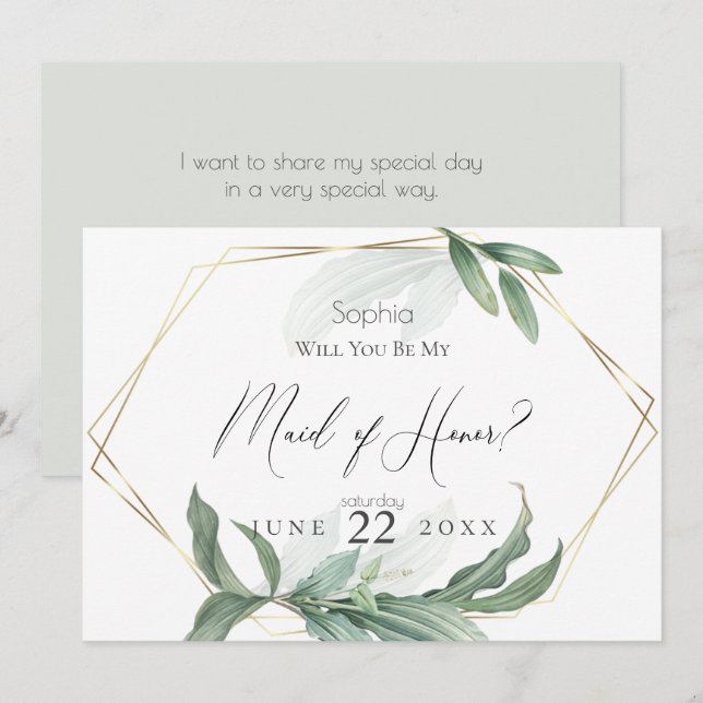 Modern Elegant Tropical Leaves  My  Maid of Honour Invitation (Front/Back)