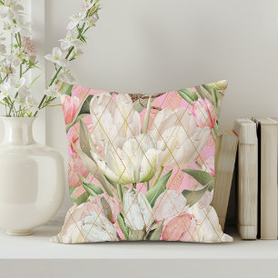 Modern Elegant Tulips With Gold Pattern Throw Pillow