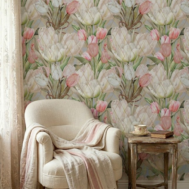 Modern Elegant Tulips with Gold Pattern Wallpaper (Creator Uploaded)