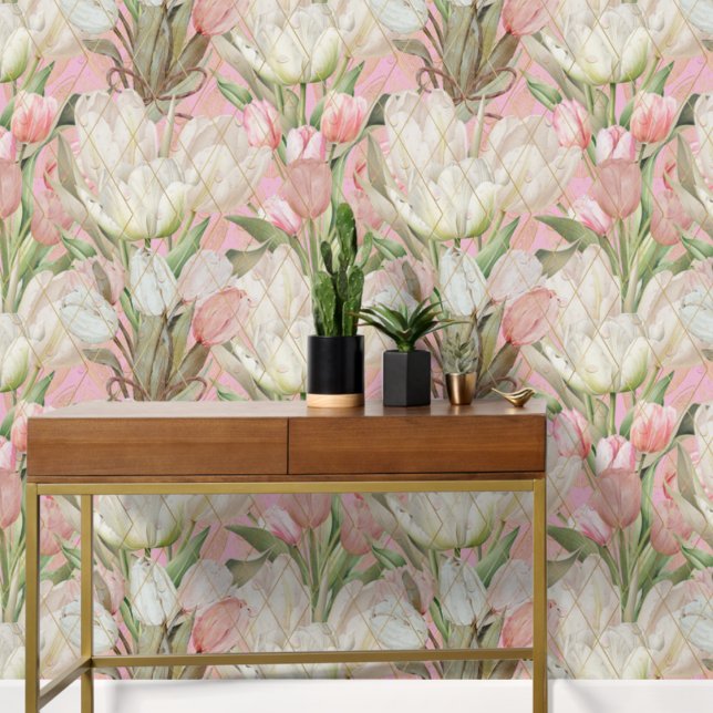 Modern Elegant Tulips With Gold Pattern Wallpaper (Creator Uploaded)