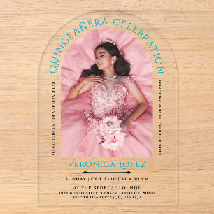 Modern Elegant Turquoise Blue Quinceanera Photo  Acrylic Invitations