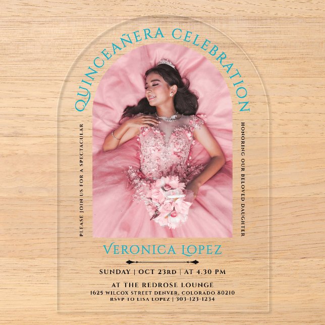 Modern Elegant Turquoise Blue Quinceanera Photo  Acrylic Invitations (Front)