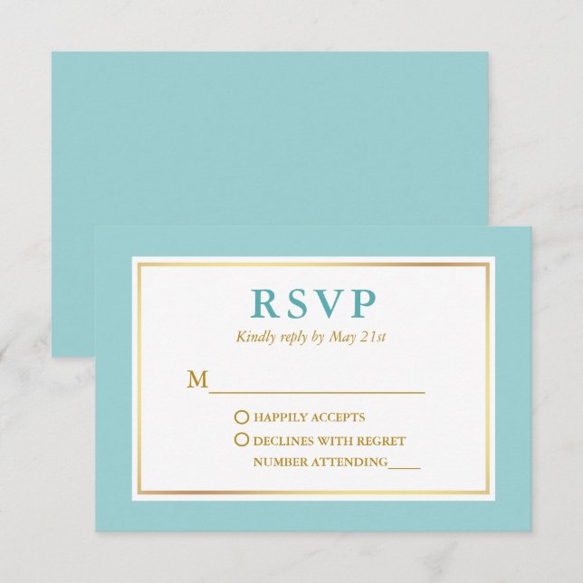 Modern Elegant Turquoise Blue White Gold  RSVP Card (Front/Back)