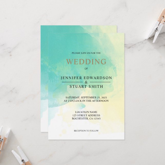 Modern elegant turquoise gold watercolor Wedding Invitation (Front/Back In Situ)