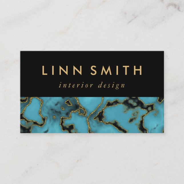 Modern Elegant Turquoise Stone Gold and Black Business Card (Front)