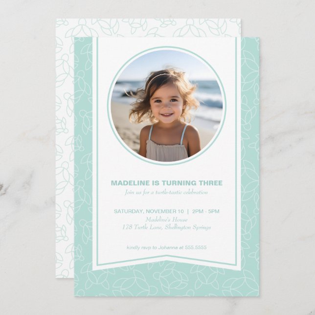 Modern elegant turtle pattern photo invitation (Front/Back)