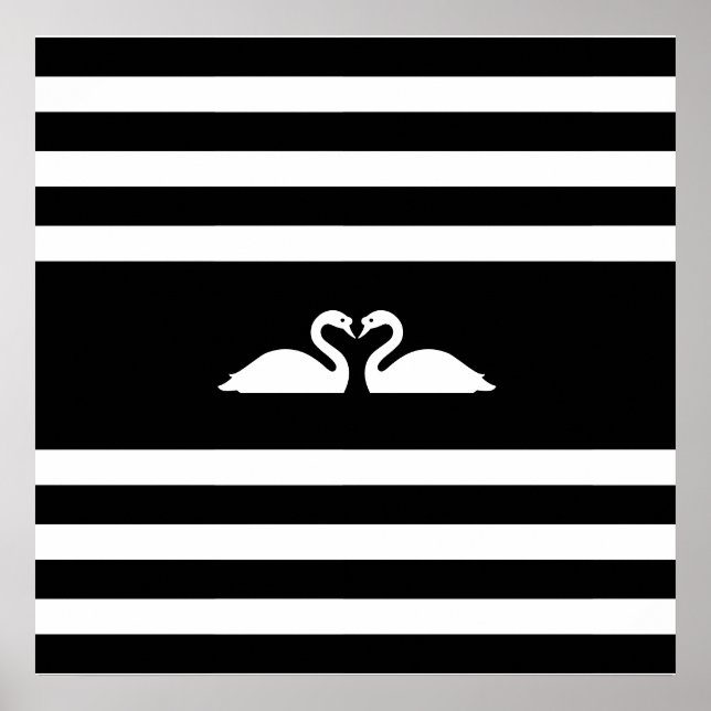 Modern elegant two swans on black & white striped poster (Front)
