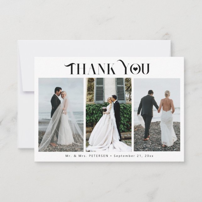 Modern elegant typography 3 photo collage wedding thank you card (Front)
