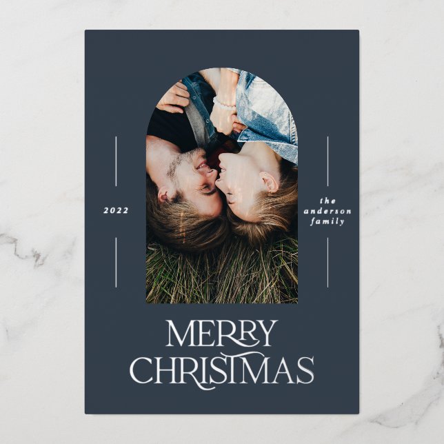 Modern elegant typography blue 1 photo Christmas Foil Holiday Card (Front)