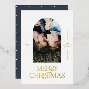 Modern elegant typography blue photo Christmas Foil Holiday Card
