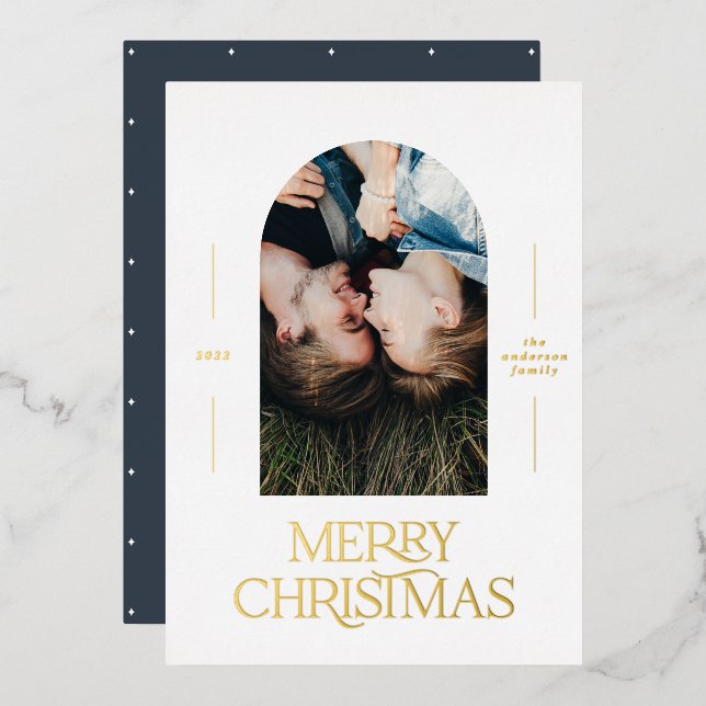 Modern elegant typography blue photo Christmas Foil Holiday Card (Front/Back)