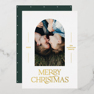 Modern elegant typography green photo Christmas Foil Holiday Card
