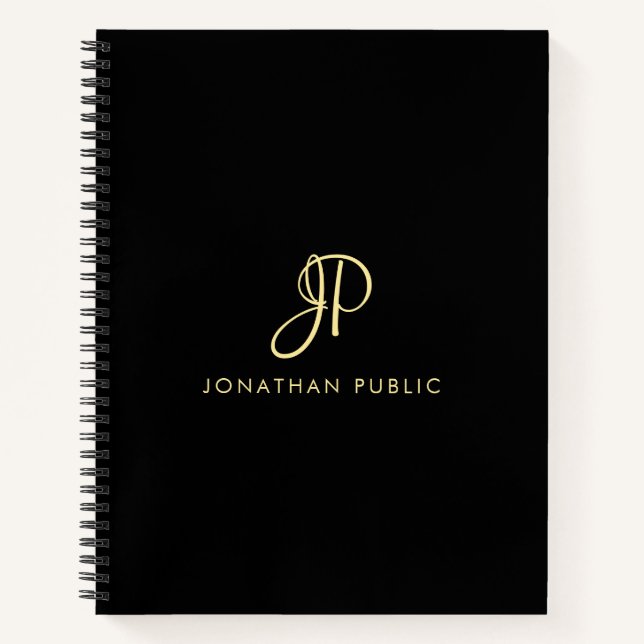  Modern Elegant Typography Monogram Gold & Black Notebook (Front)