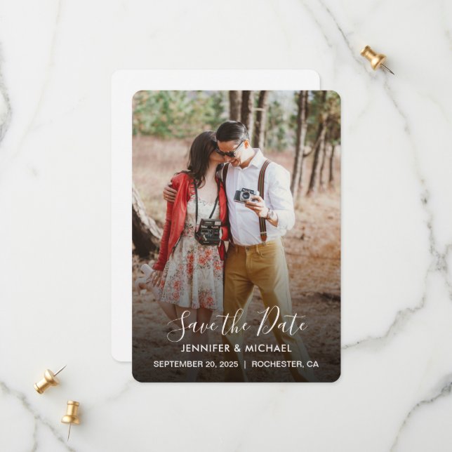 Modern elegant typography photo Save the Date card (Front/Back In Situ)