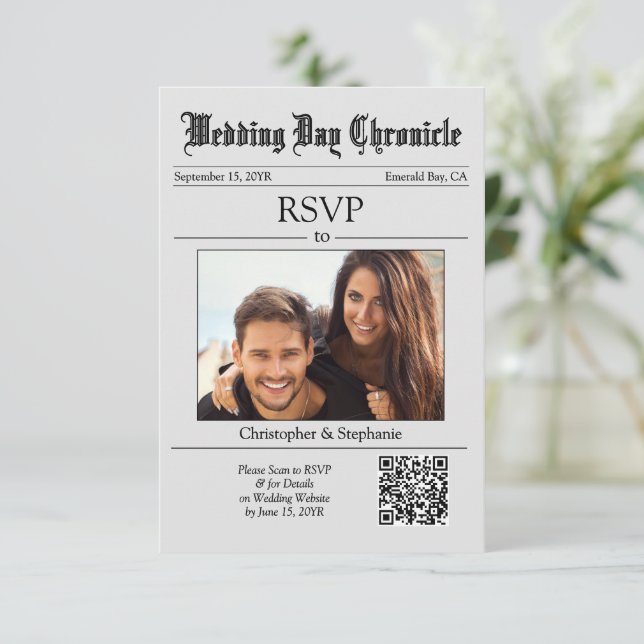 Modern Elegant Typography QR Code Grey Newspaper RSVP Card (Standing Front)