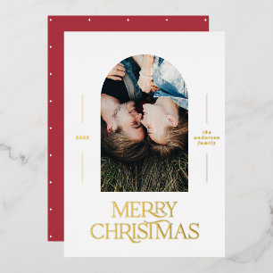 Modern elegant typography red 1 photo Christmas Foil Holiday Card