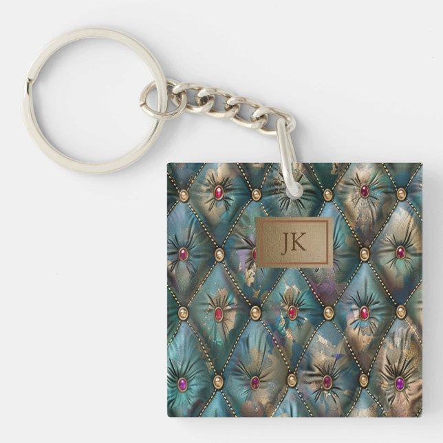 Modern Elegant Vintage Leather Colourful Diamonds Keychain (Front)