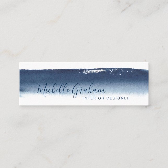 Modern Elegant Watercolor Brushstroke Navy Blue Mini Business Card (Front)