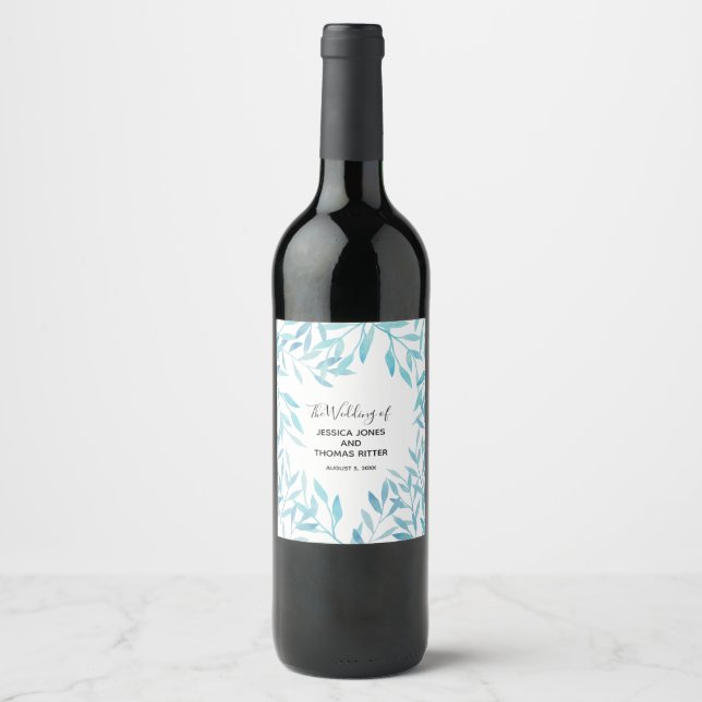 Modern Elegant Watercolor Floral Blue  Wine Label (Front)