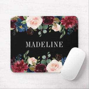 Modern Elegant Watercolor Floral Fashionable Black Mouse Pad