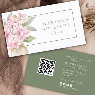 Modern Elegant Watercolor Floral Florist QR Code Business Card
