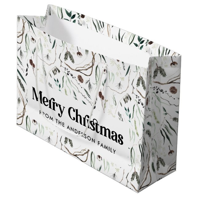  Modern elegant watercolor foliage photo Christmas Large Gift Bag (Front Angled)