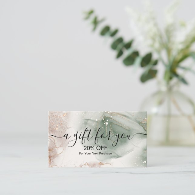 Modern Elegant Watercolor Green and Gold  Discount Card (Standing Front)