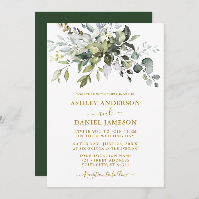 Modern Elegant Watercolor Greenery Gold Wedding Invitation (Front/Back)