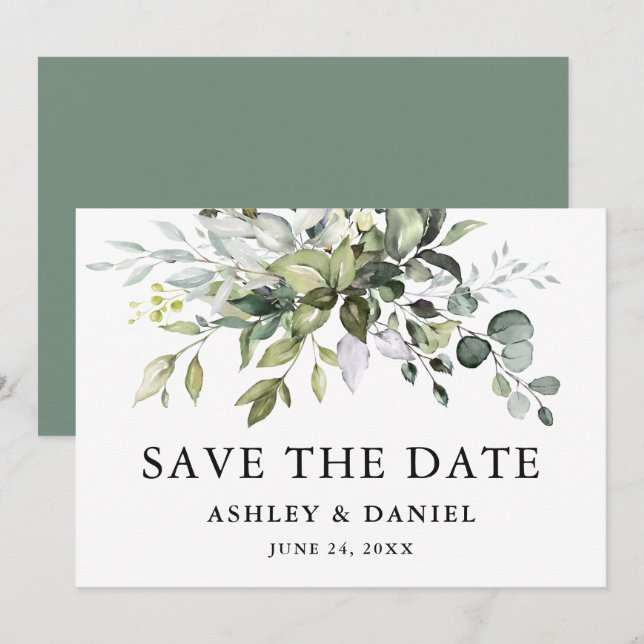 Modern Elegant Watercolor Greenery Sage Green Save The Date (Front/Back)