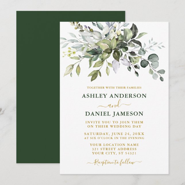 Modern Elegant Watercolor Greenery Wedding Gold Invitation (Front/Back)