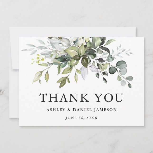 Modern Elegant Watercolor Greenery Wedding Thank You Card (Front)