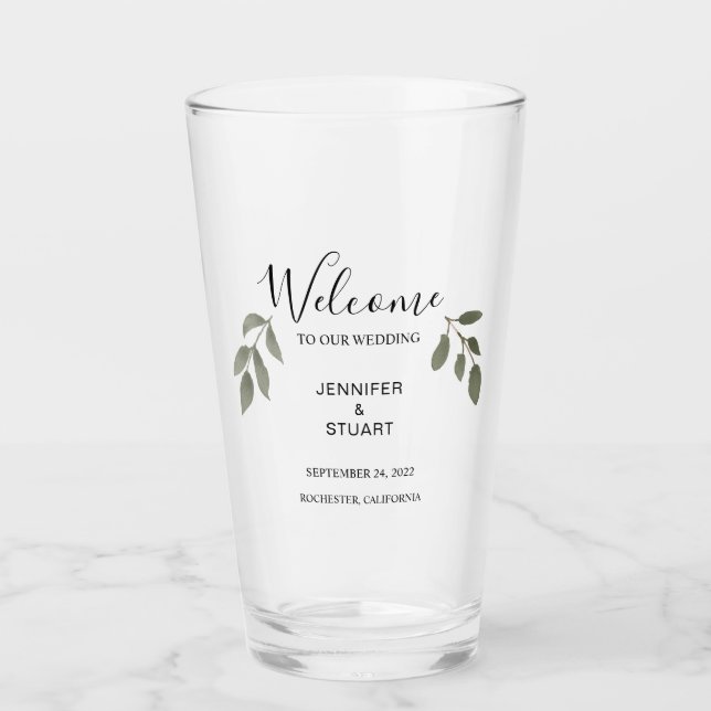 Modern elegant watercolor leaves Welcome wedding Glass (Front)