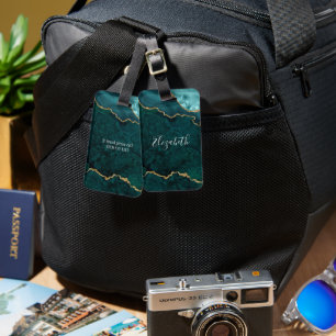 Modern Elegant Watercolor Marble Geode Teal Gold Luggage Tag