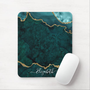 Modern Elegant Watercolor Marble Geode Teal Gold Mouse Pad