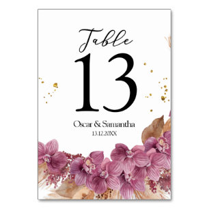 Modern Elegant Watercolor Pink Orchid & Pampas Table Number